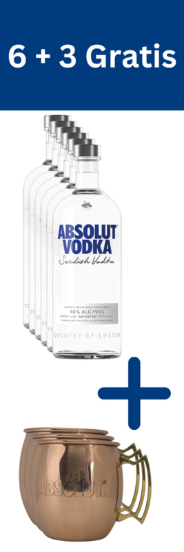 6 Flaschen Absolut Vodka + 3 Kupferbecher Gratis dazu